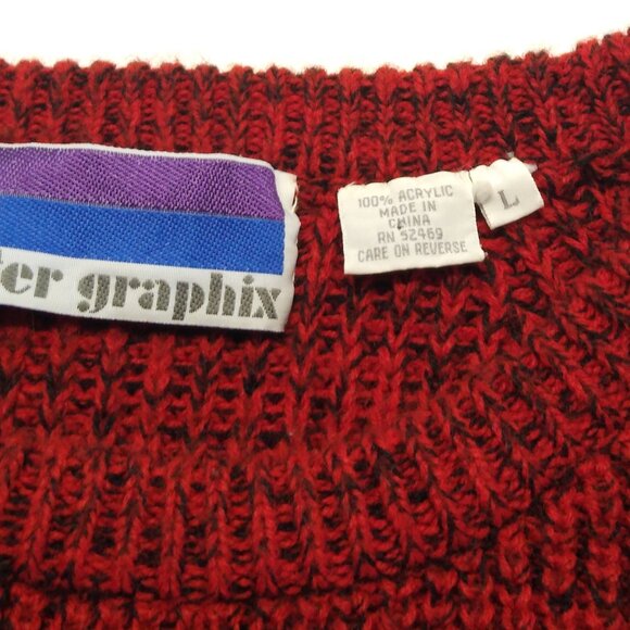 Sweater Graphix Large Men Pullover Sweater Warm Knitted Thick Casual Red Blk VTG - Picture 5 of 6